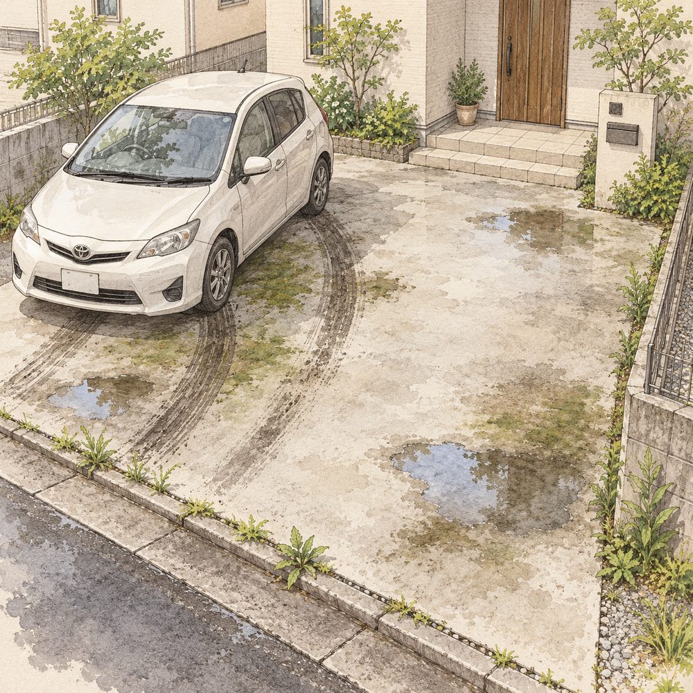 水たまりやタイヤ跡、雑草が目立つ駐車場のイラスト